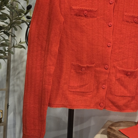 NWT J CREW Featherweight cashmere pointelle shrunken cardigan sweater red Sz L - Picture 3 of 11